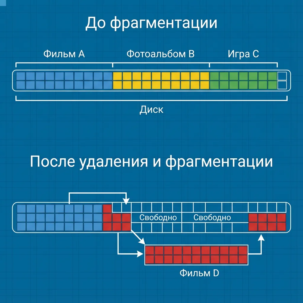 Фрагментация: новому файлу (Фильм D) не хватило сплошного свободного места, и система разбросала его кусочки по всему диску. Чтобы его прочитать, "головке" приходится "прыгать" туда-сюда, что замедляет работу.