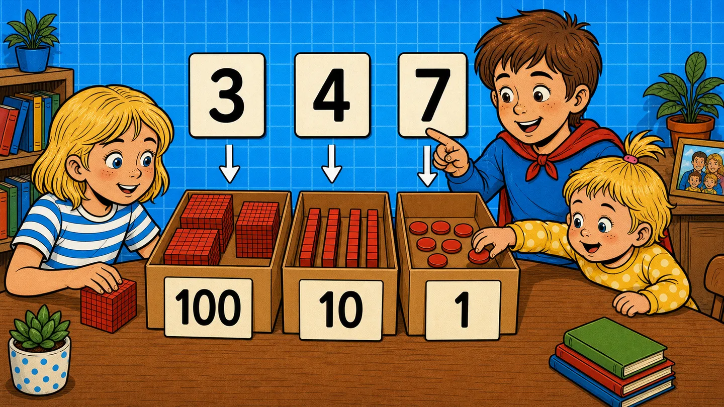Алиса раскладывает число 347 по коробкам 100, 10 и 1