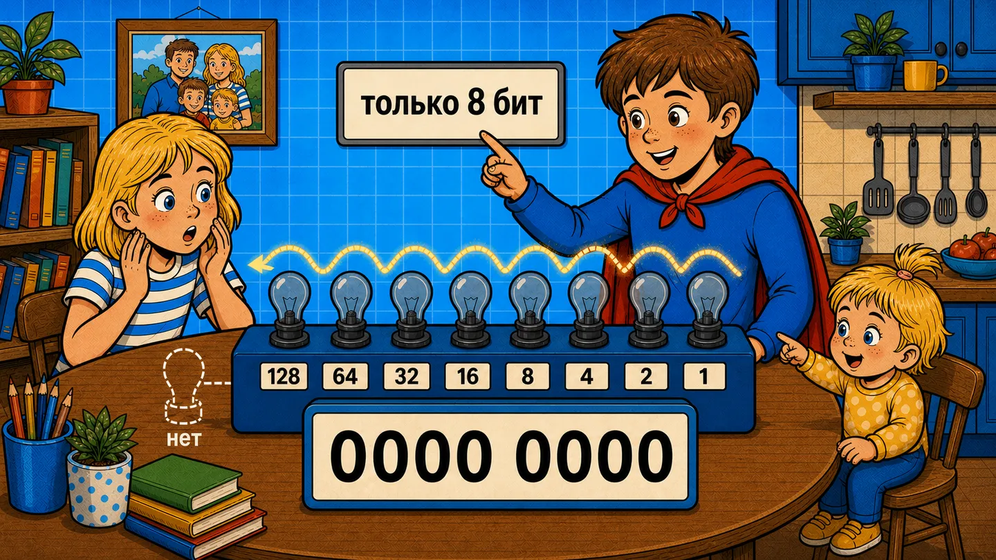 Восемь лампочек погасли после переполнения, а девятая лампочка не помещается в 8 бит