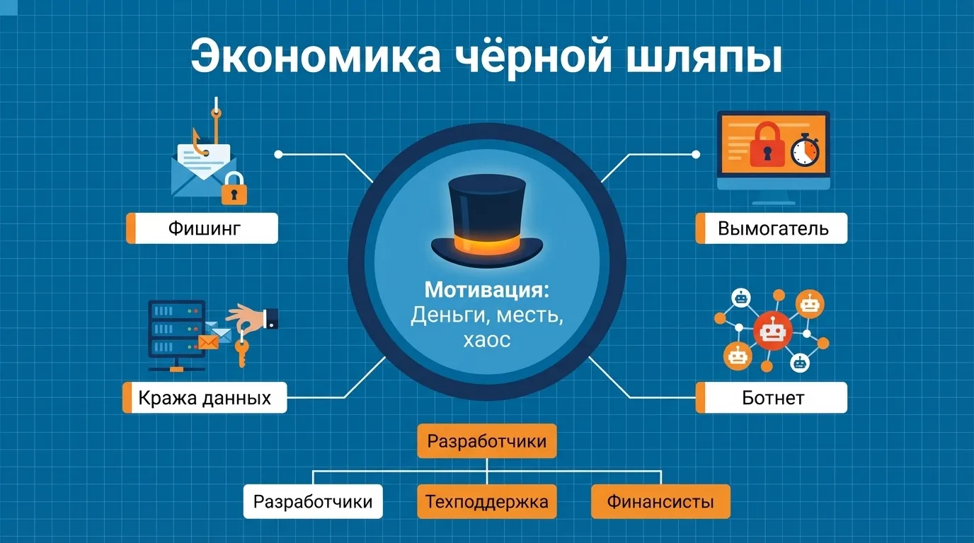 Инструментарий черной шляпы: вирусы, взлом, фишинг и денежная мотивация.