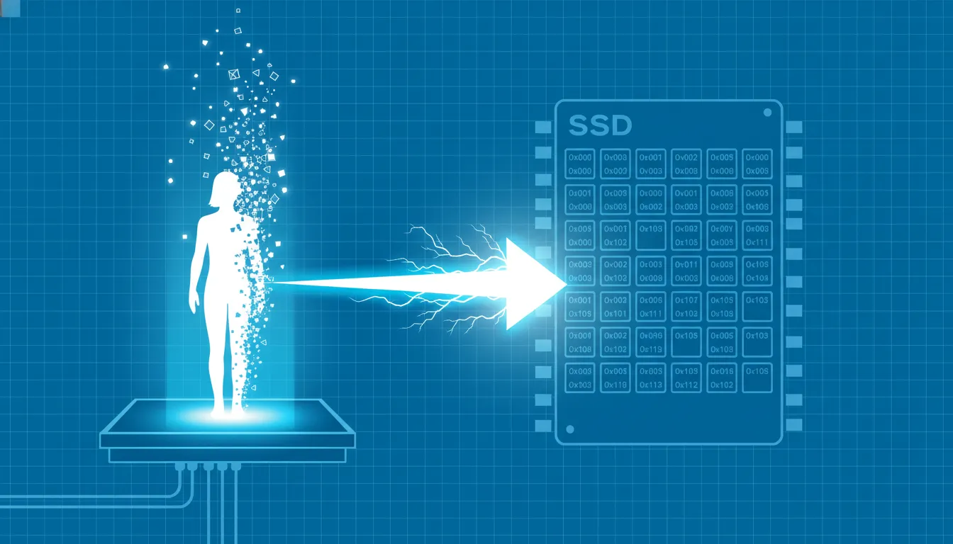 SSD: Электронная телепортация. Данным не нужно "лететь". Контроллер просто знает "координаты" (адрес) нужной ячейки и мгновенно в нее записывает или считывает информацию. Никакой механики — только электричество.